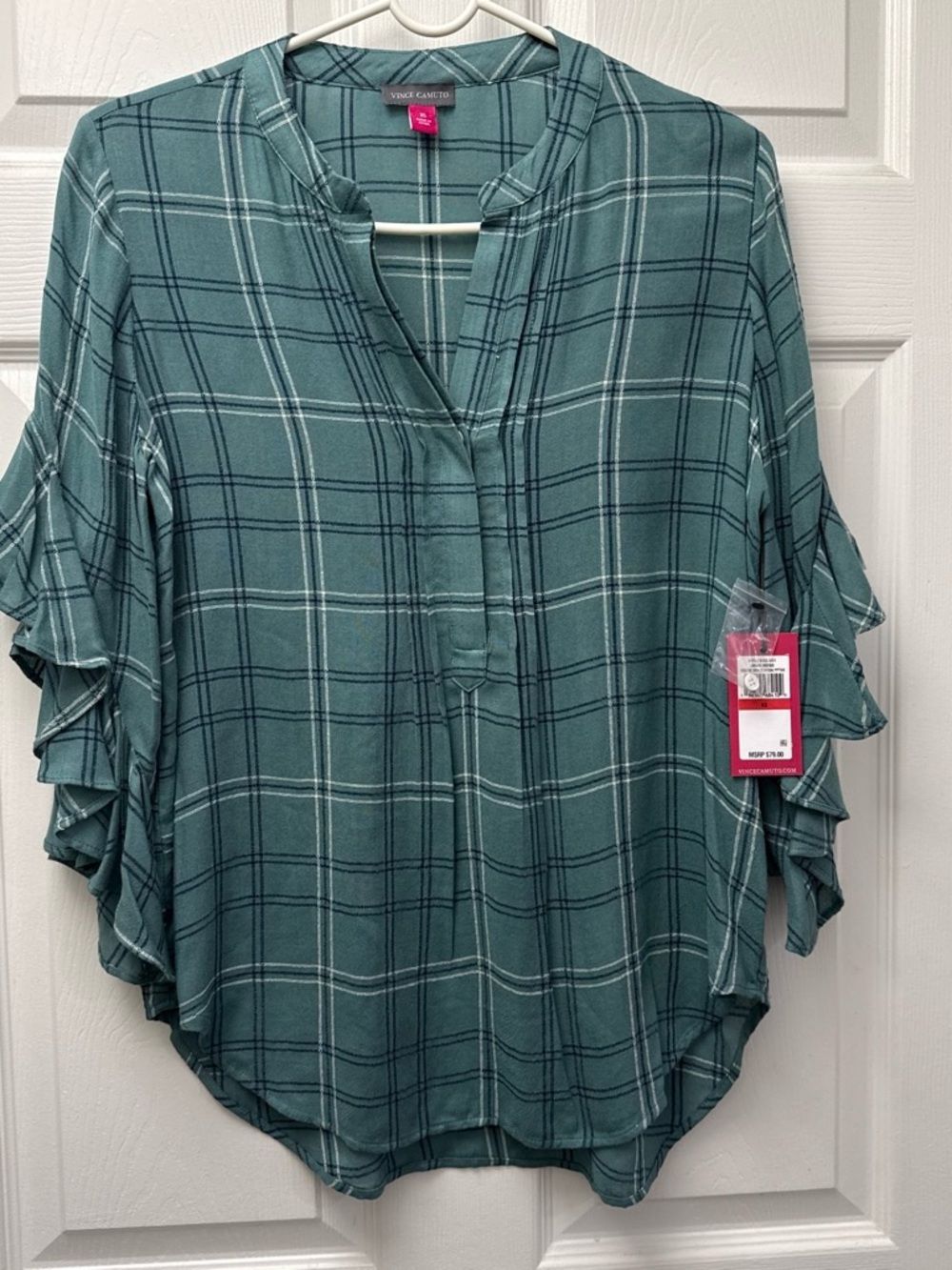 Vince Camuto Teal Plaid Ruffle Sleeve Top